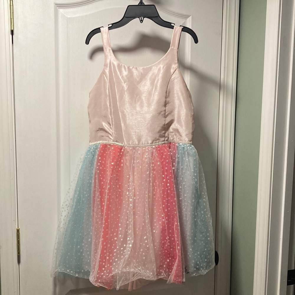 Girls Pink and Pastel Rainbow Tulle Party Costume Dress